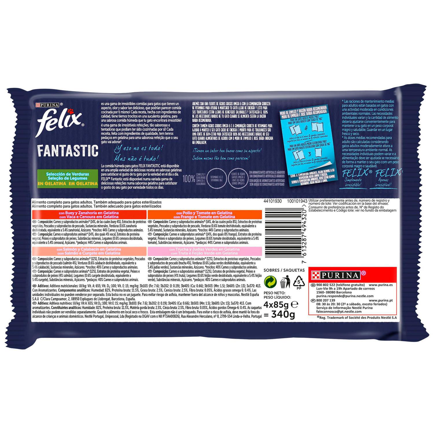 Comida húmeda en gelatina selección de verduras para gato Purina Felix Fantastic 4x85 g