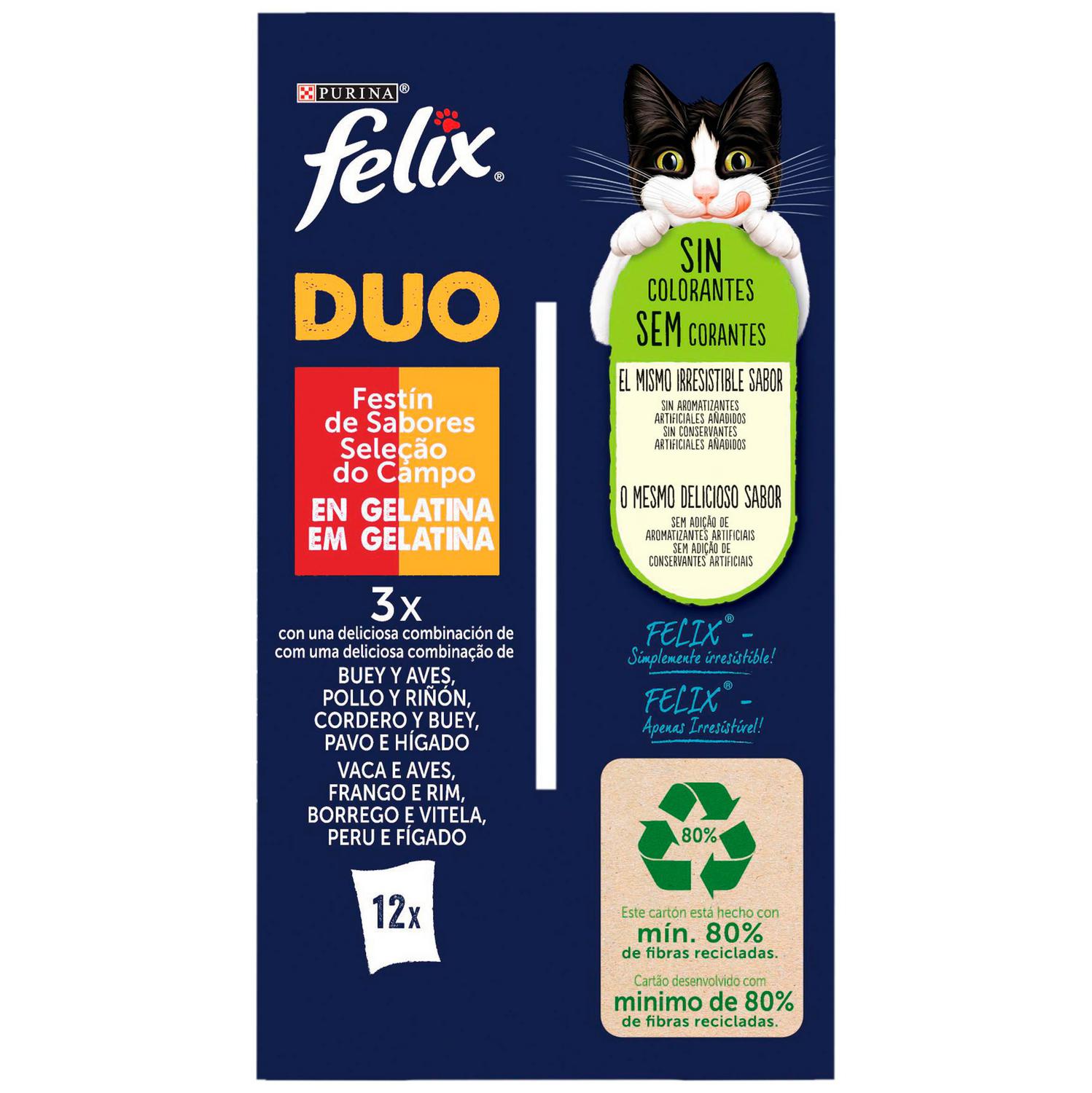 Comida húmeda en gelatina festín de sabores para gato Purina Felix Duo 12x85 g