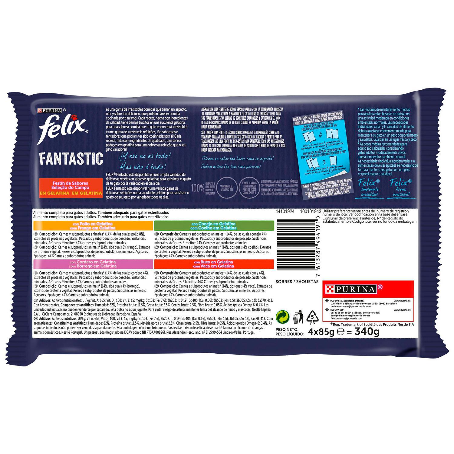 Comida húmeda en gelatina festín del sabores para gato Purina Felix Sensations 4x85 g