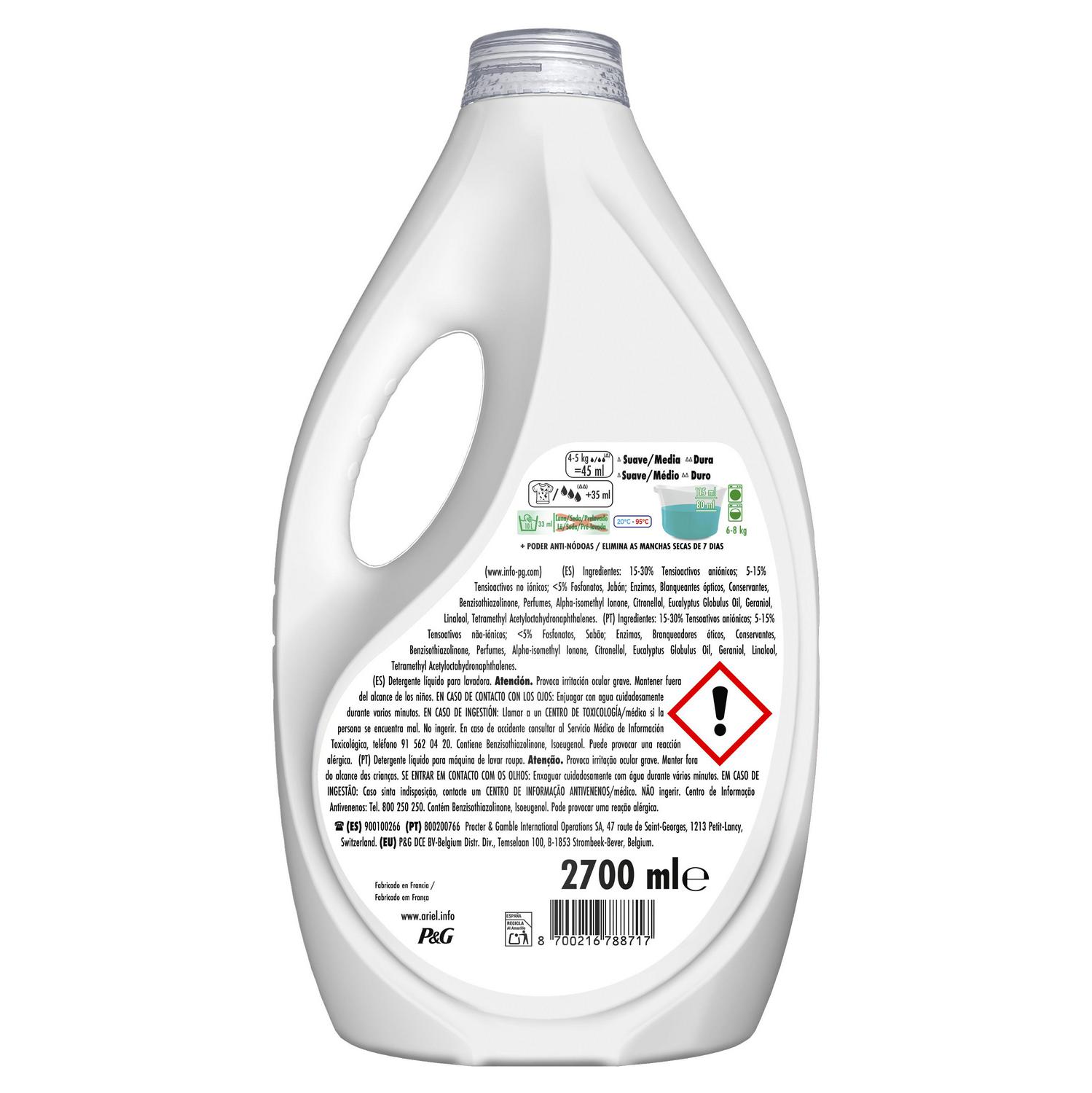 Detergente líquido + Poder Quitamanchas Ariel Platinum 60 lavados.