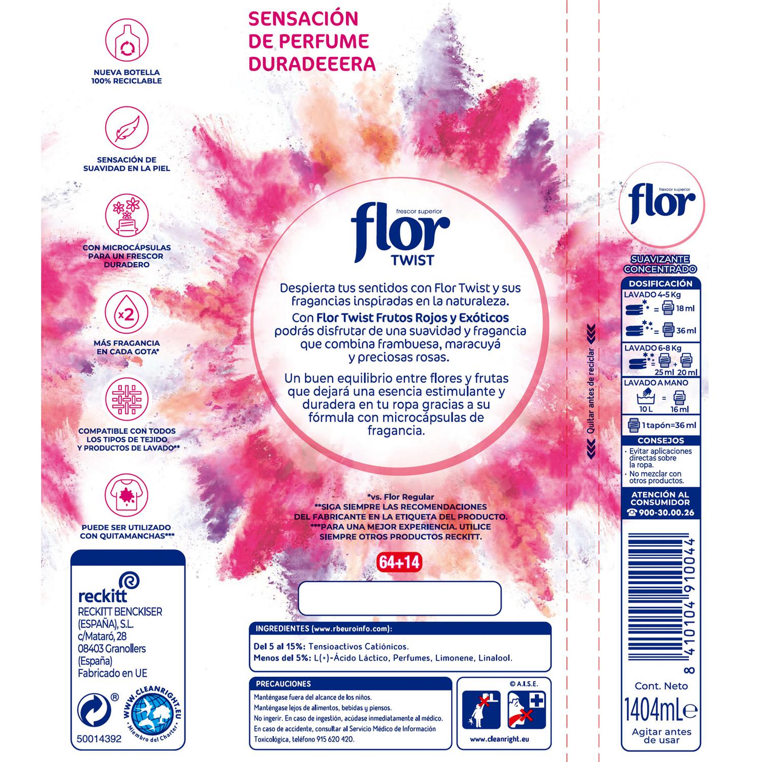 Suavizante concentrado frutos rojos y exóticos Flor Twist 78 lavados.