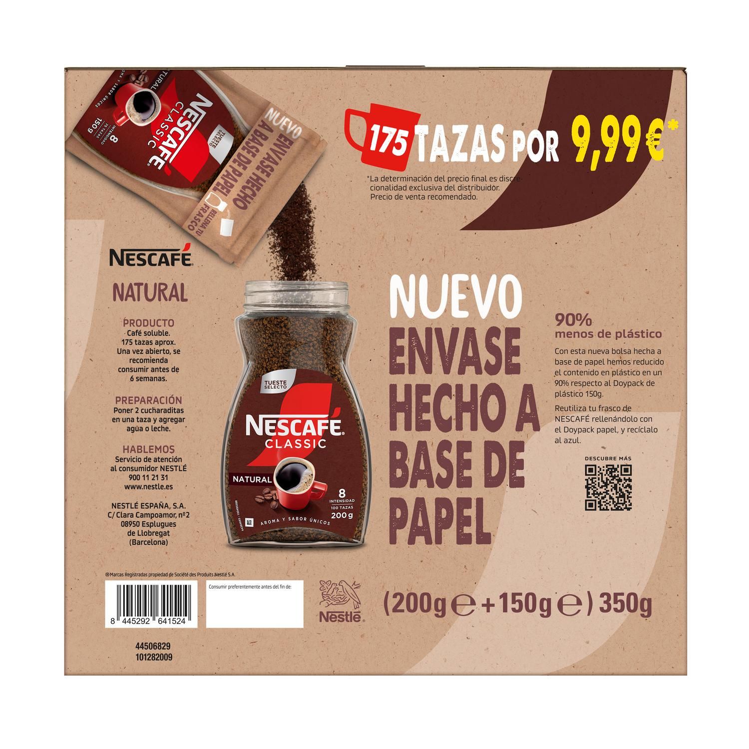 Pack Nescafé Classic: Café soluble instantáneo 200 g. + Café soluble instanténeo doy pack 150 g.