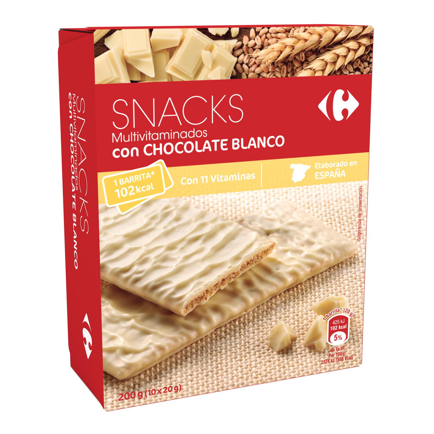 Snacks multivitaminados con chocolate blanco Carrefour 200 g.