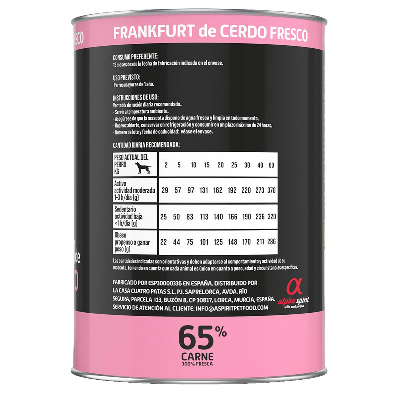 Salchicha frankfurt de cerdo para perro Miguau 400 g.