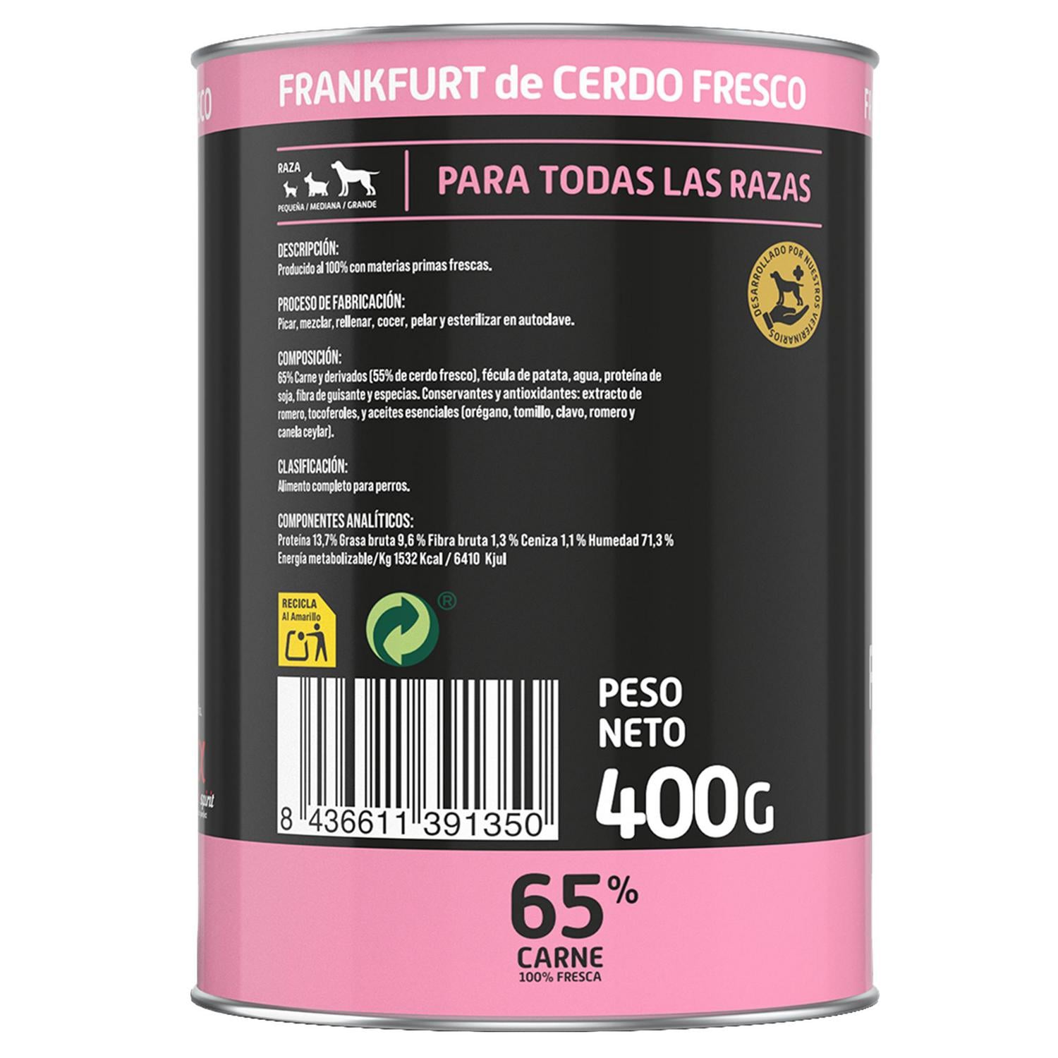 Salchicha frankfurt de cerdo para perro Miguau 400 g.