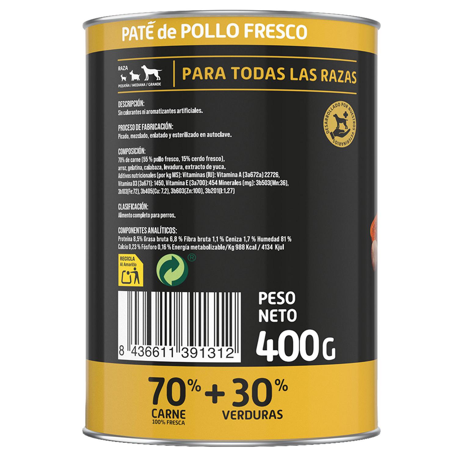 Comida húmeda en paté de pollo y verduras para perro Miguau 400 g.