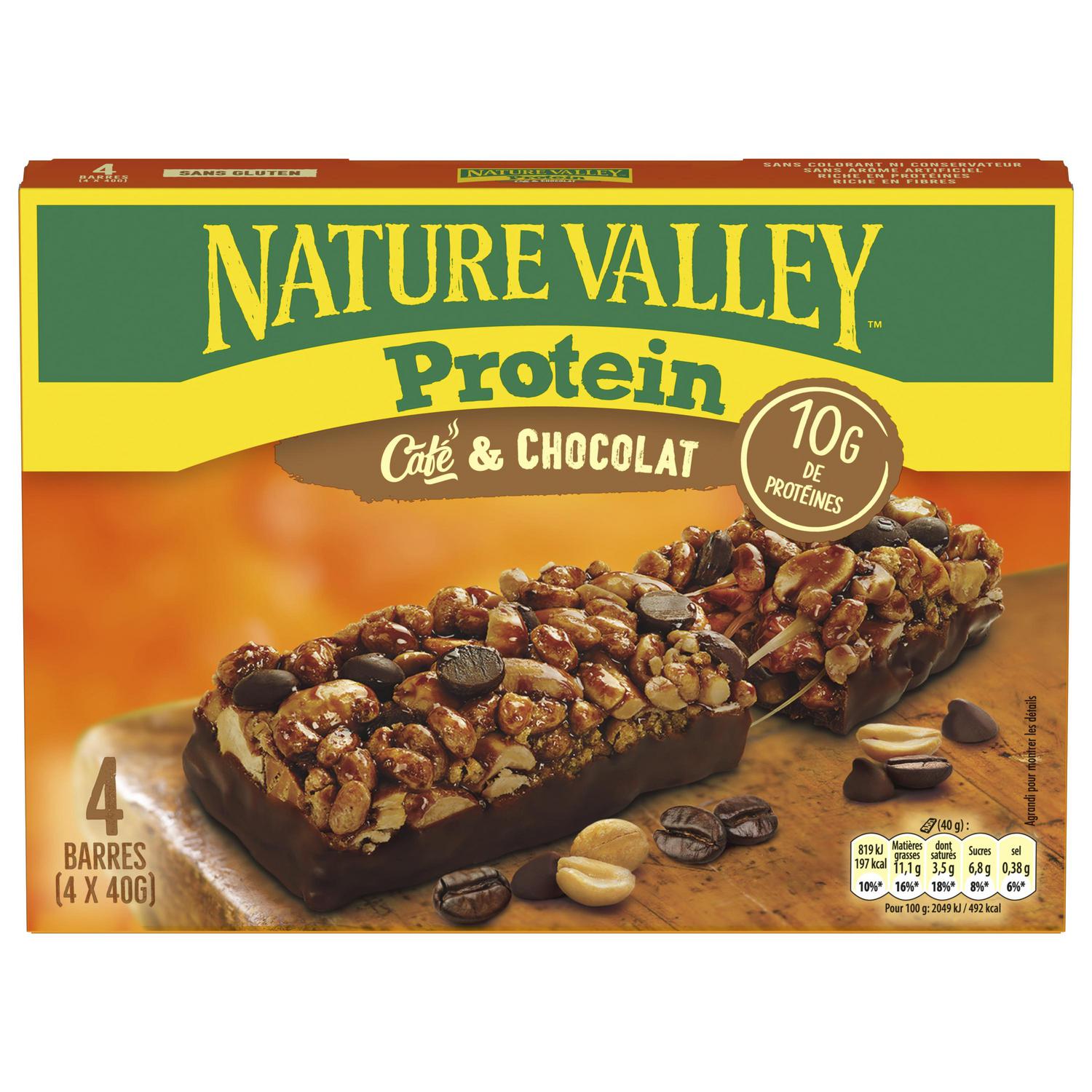 Barritas proteicas sabor café con chocolate negro Nature Valley sin gluten pack de 4 unidades de 40 g.