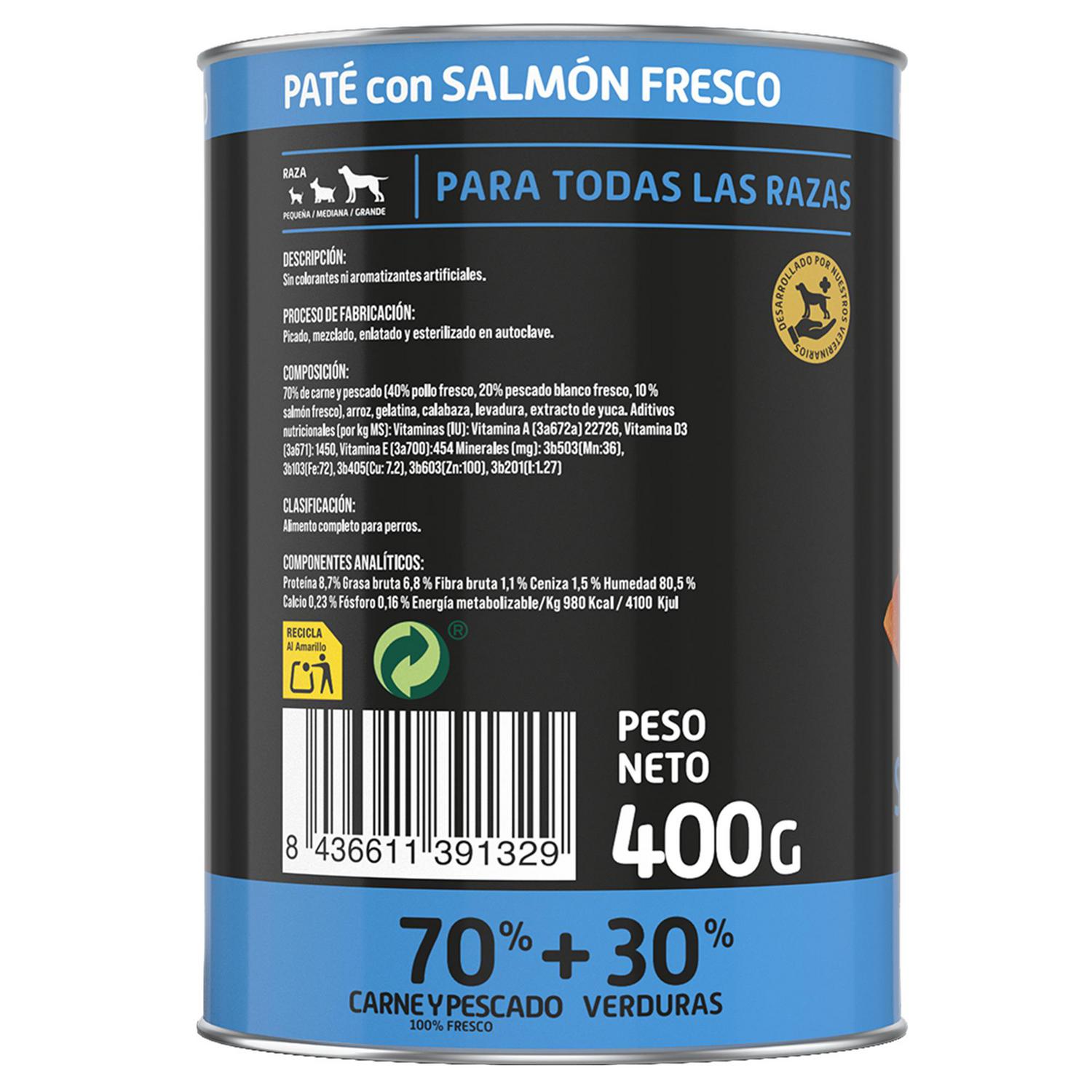 Comida húmeda en paté de salmón y verduras para perro Miguau 400 g.