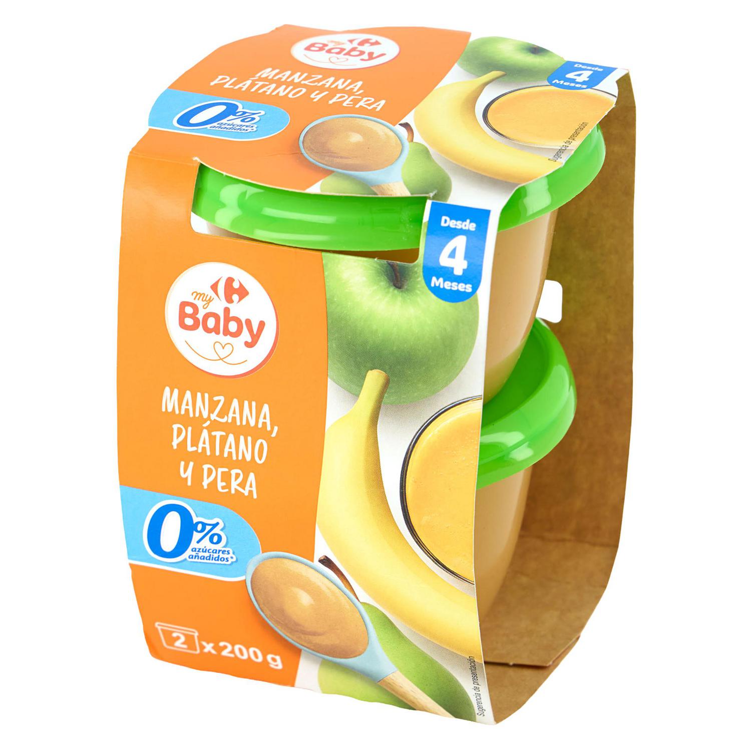 Tarrito de manzana, plátano y pera desde 4 meses Carrefour my Baby sin azúcar añadido pack de 2 unidades de 200 g.