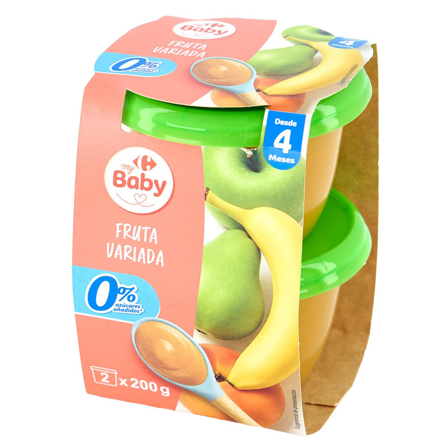 Tarrito de frutas variadas desde 4 meses Carrefour my Baby sin azúcar añadido pack de 2 unidades de 200 g.