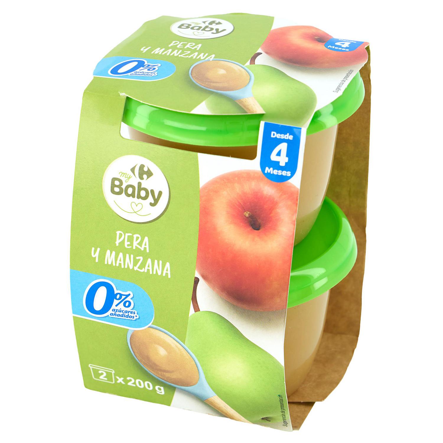 Tarrito de pera y manzana desde 4 meses Carrefour my Baby sin azúcar añadido pack de 2 unidades de 200 g.