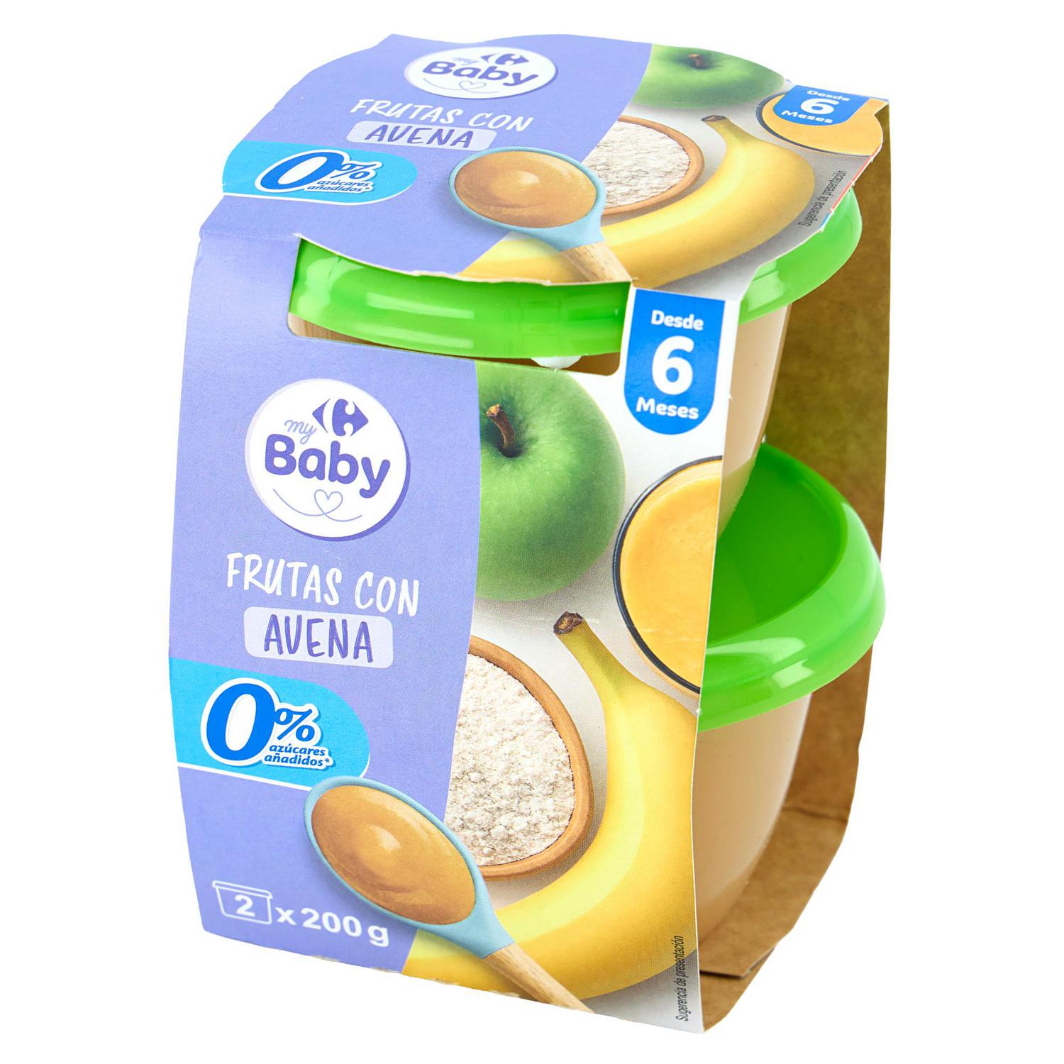 Tarrito de frutas con avena desde 6 meses Carrefour my Baby sin gluten y sin azúcar añadido pack de 2 unidades de 200 g.