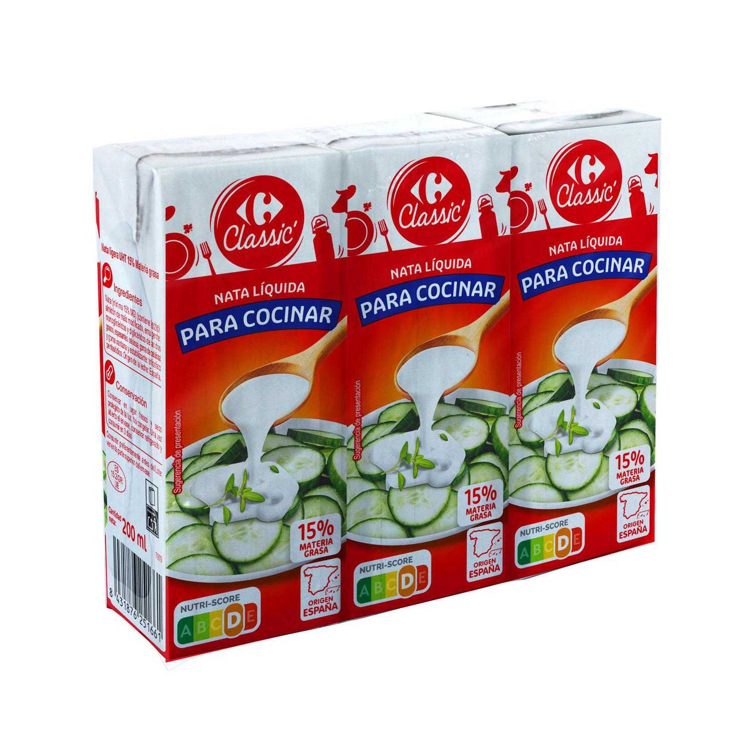 Nata liquida para cocinar Carrefour pack de 3 unidades de 200 ml.