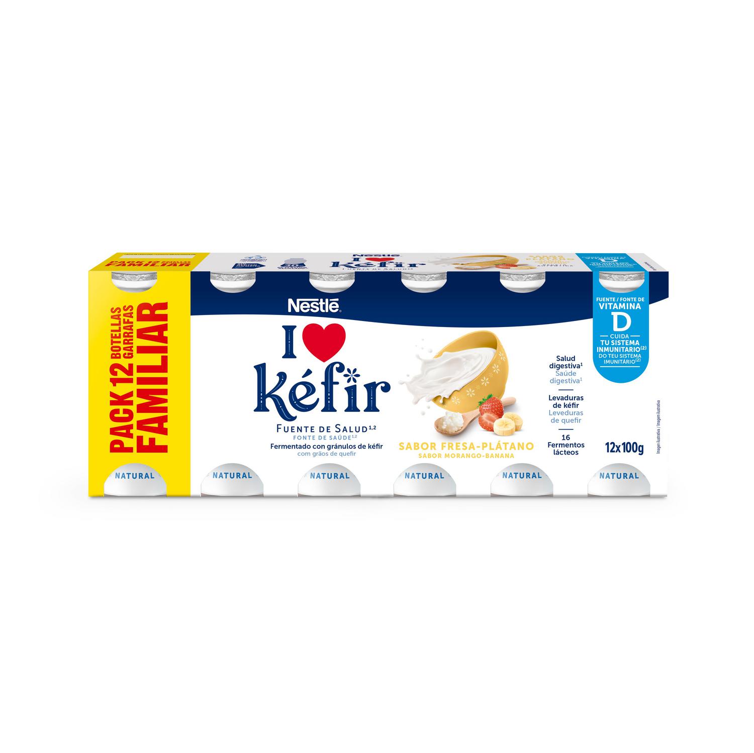 Kéfir sabor a fresa y plátano Nestlé sin gluten pack de 12 unidades de 100 g.