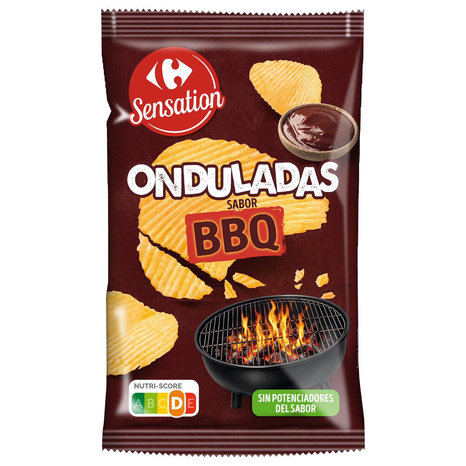 Patatas fritas onduladas sabor BBQ Carrefour Sensation 150 g.