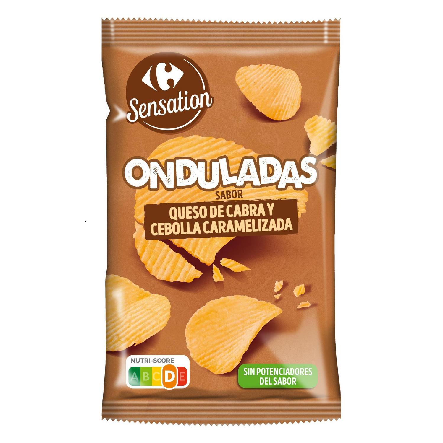 Patatas fritas onduladas sabor queso de cabra y cebolla caramelizada Carrefour Sensation 150 g.