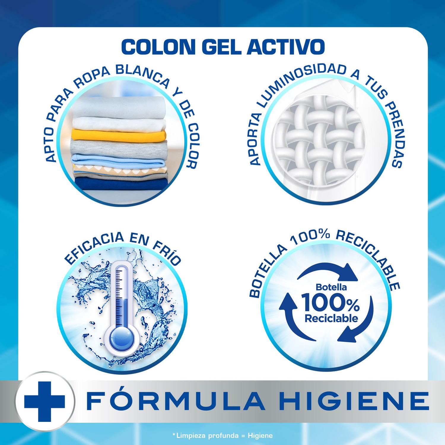 Detergente gel activo fórmula higiene Colon 45 lavados.