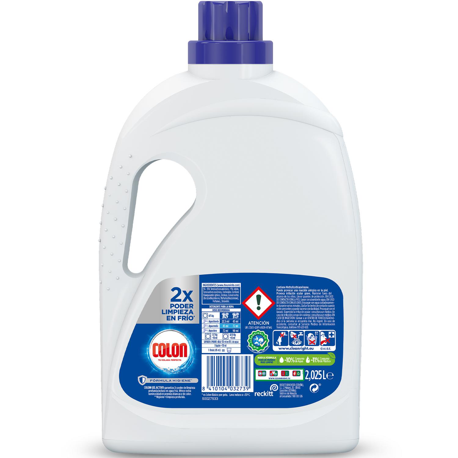 Detergente gel activo fórmula higiene Colon 45 lavados.