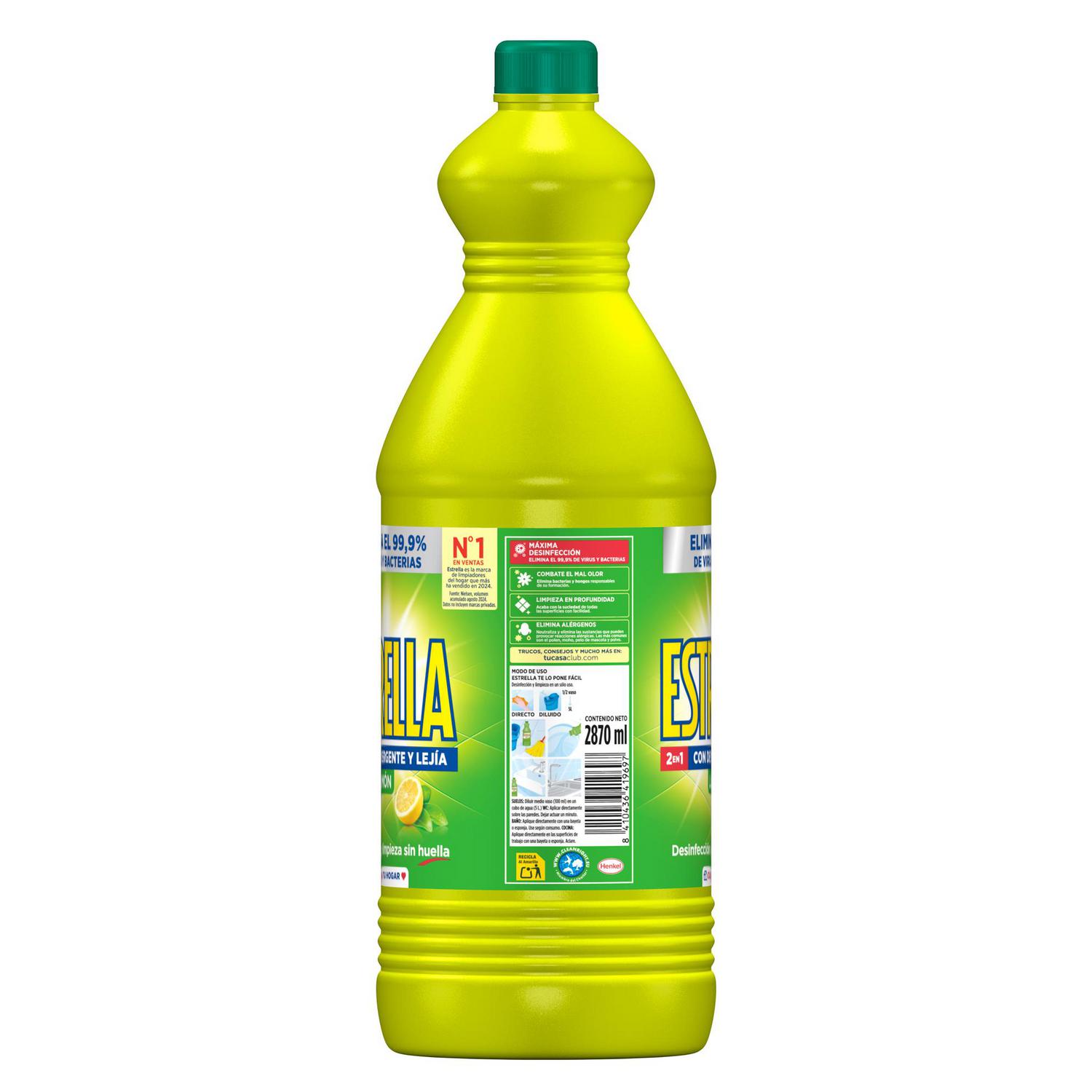 Lejía hogar con detergente frescor limón Estrella 2,87 l.