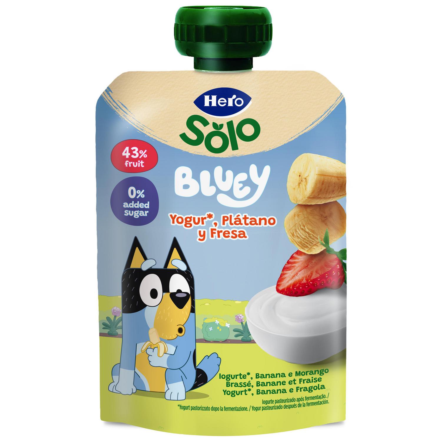 Bolsita con yogur, plátano y fresa Hero Solo sin gluten y sin azúcar añadido 100 g.