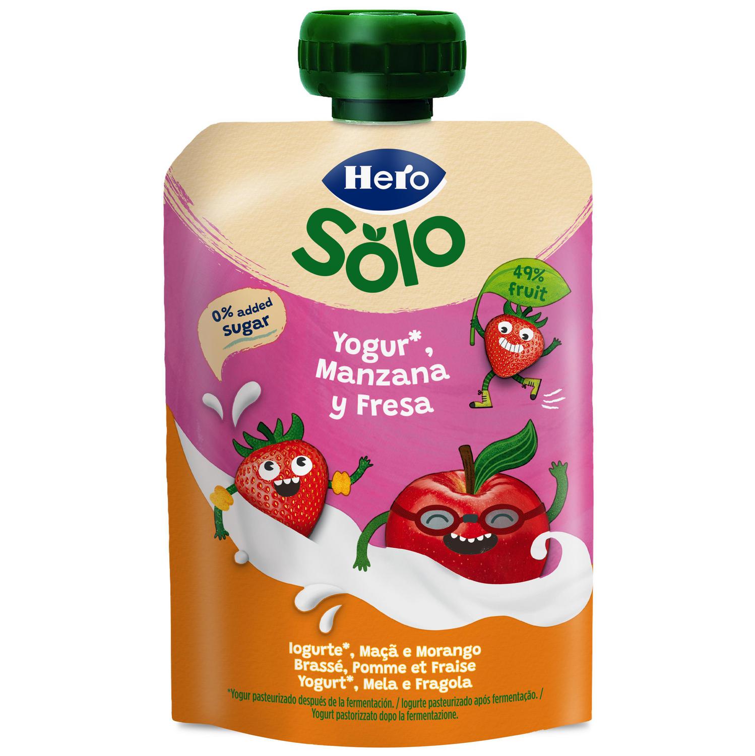 Bolsita de yogur, manzana y fresa desde 6 meses Hero Solo sin gluten y sin azúcar añadido 100 g.