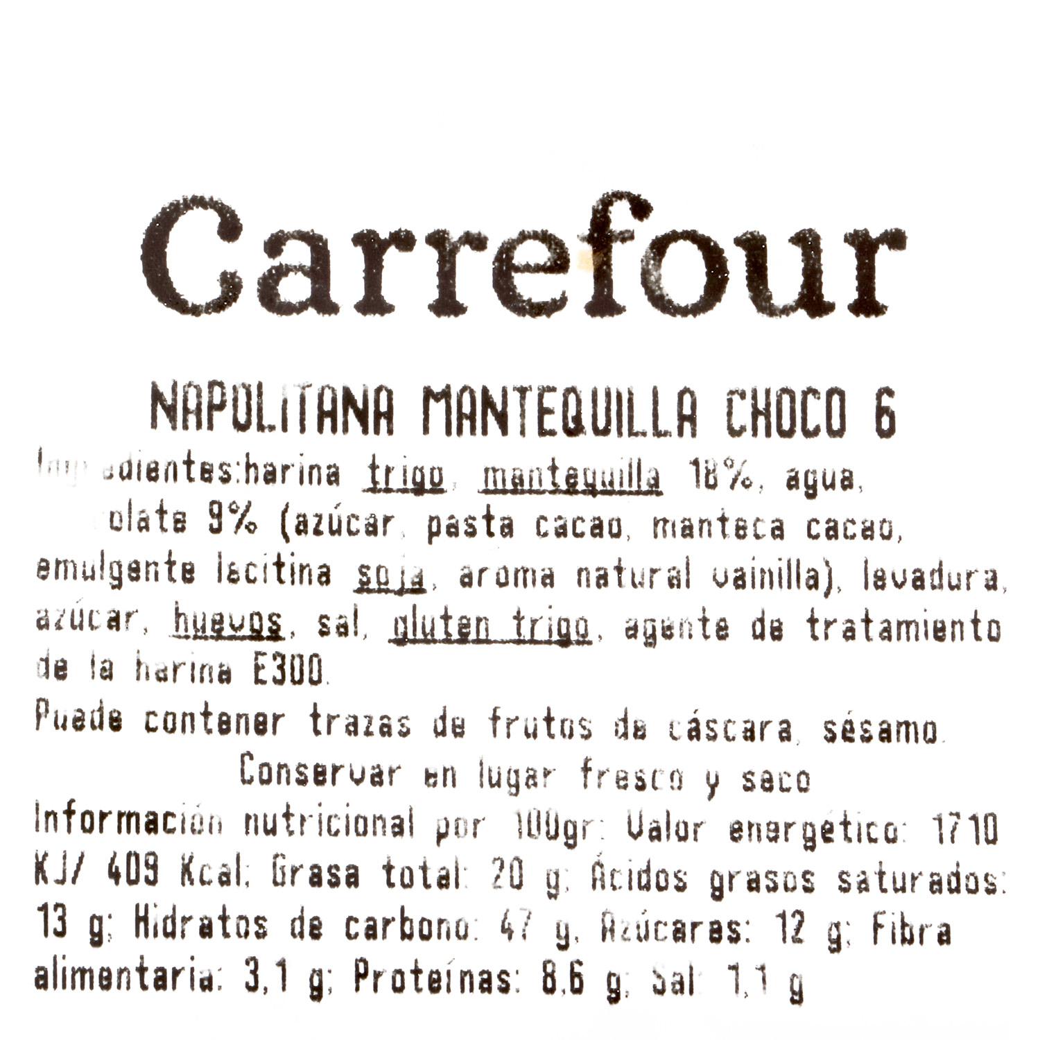 Napolitana de mantequilla y chocolate Carrefour 6 ud