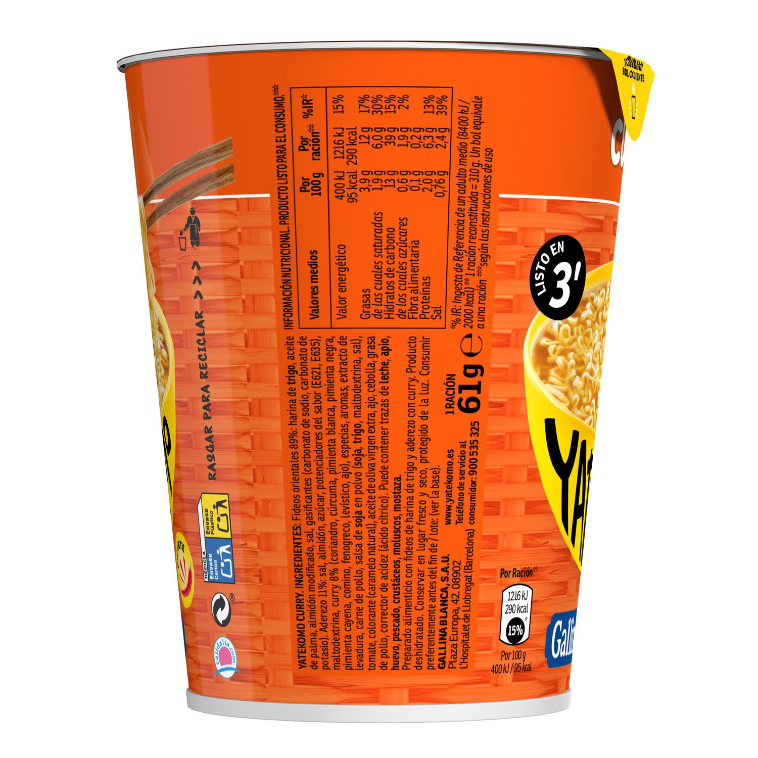 Fideos Orientales con curri Yatekomo Gallina Blanca 61 g.