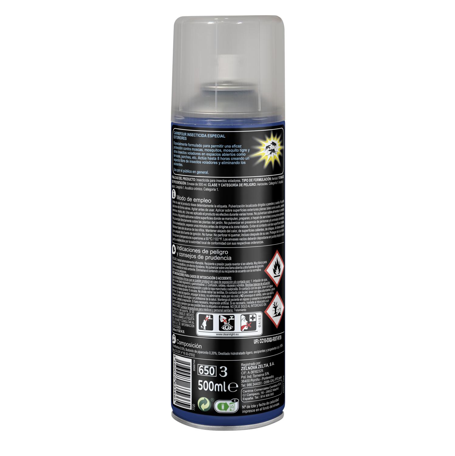 Insecticida exteriores para moscas y mosquitos aerosol Carrefour 500 ml.