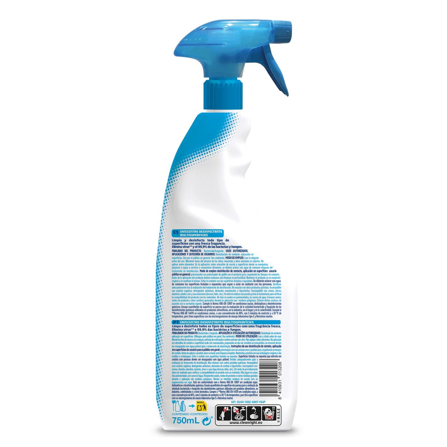 Limpiador multisuperficies desinfectante sin lejía Sanicentro 750 ml.