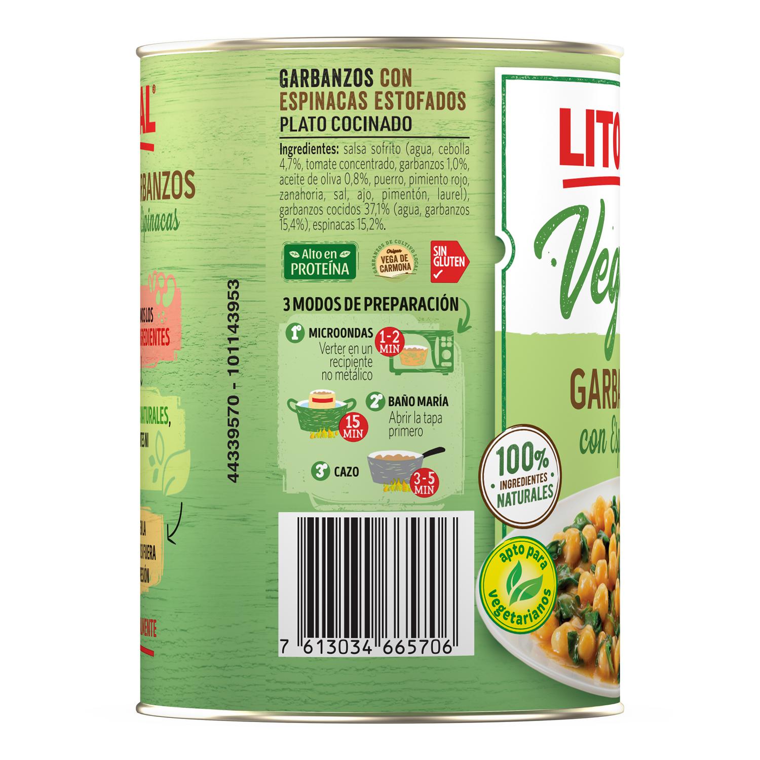 Garbanzos con espinacas Vegetal Litoral sin gluten 425 g.