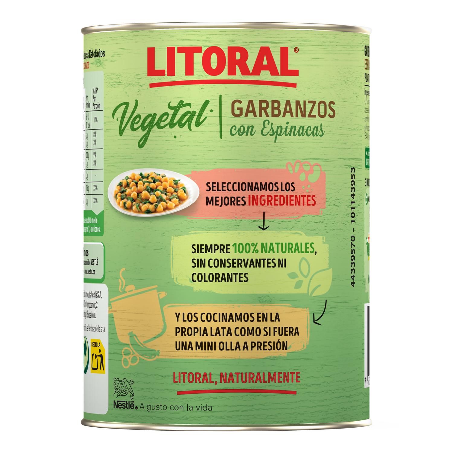 Garbanzos con espinacas Vegetal Litoral sin gluten 425 g.