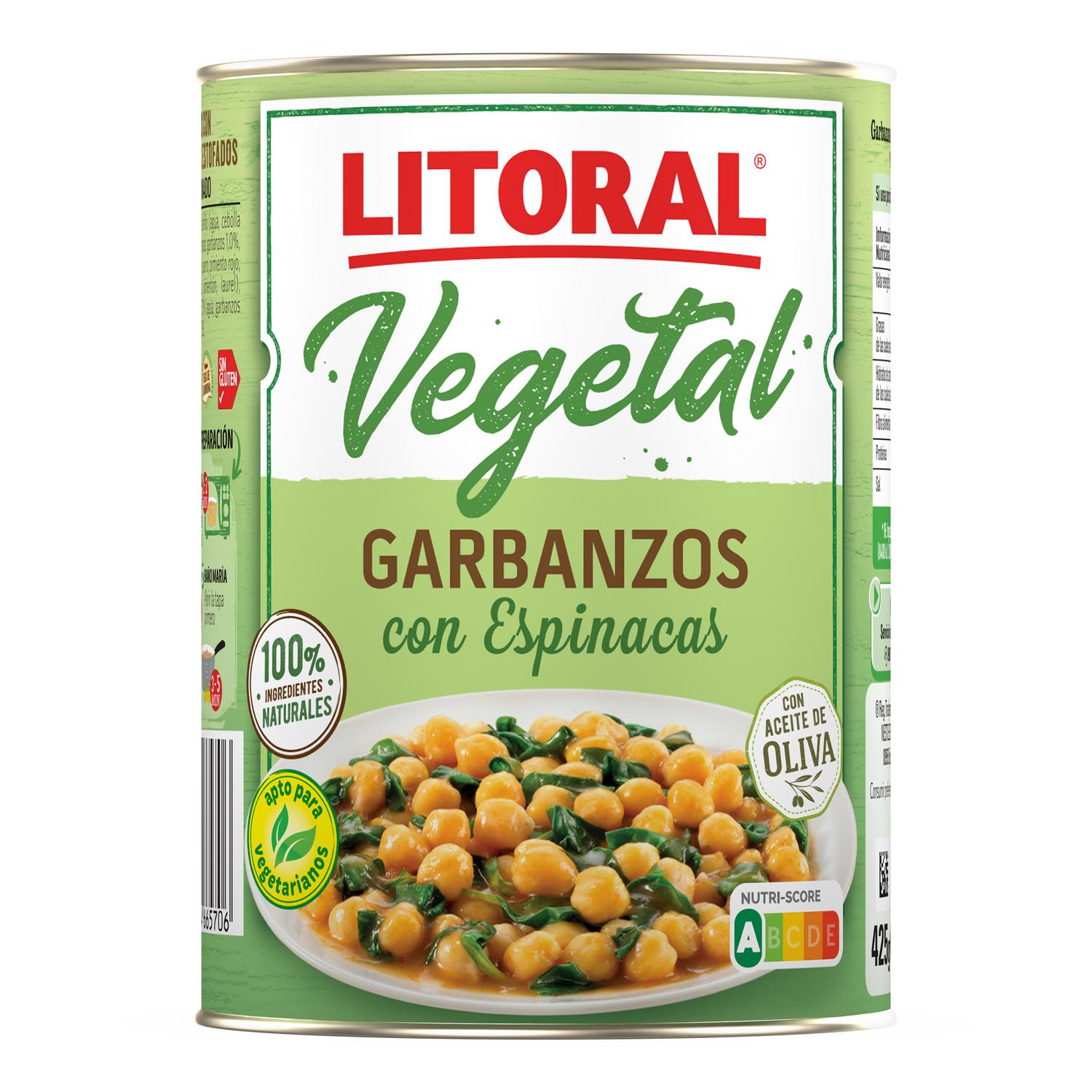 Garbanzos con espinacas Vegetal Litoral sin gluten 425 g.