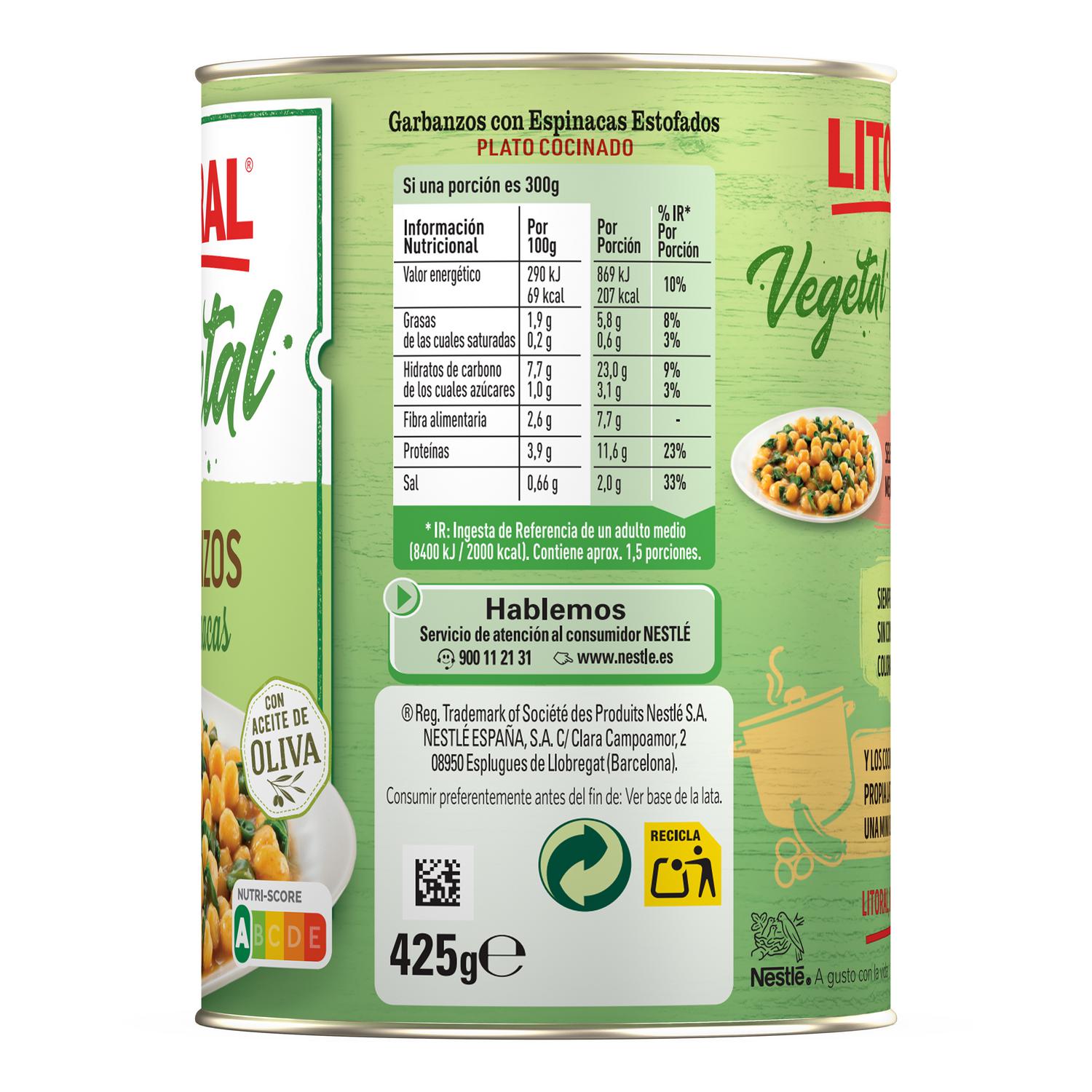 Garbanzos con espinacas Vegetal Litoral sin gluten 425 g.