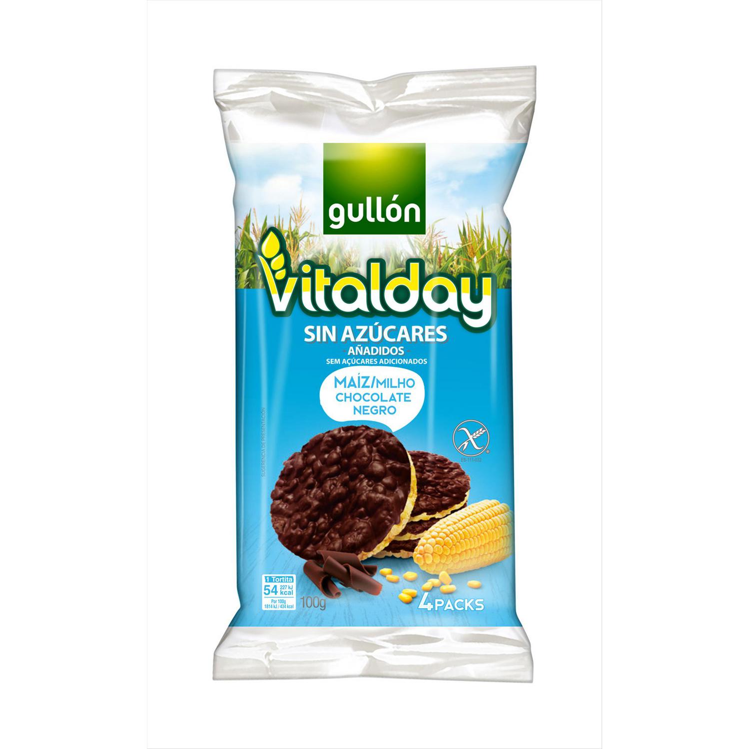 Tortitas de maíz con chocolate negro Vitalday Gullón sin gluten y sin azúcar añadido 100 g.