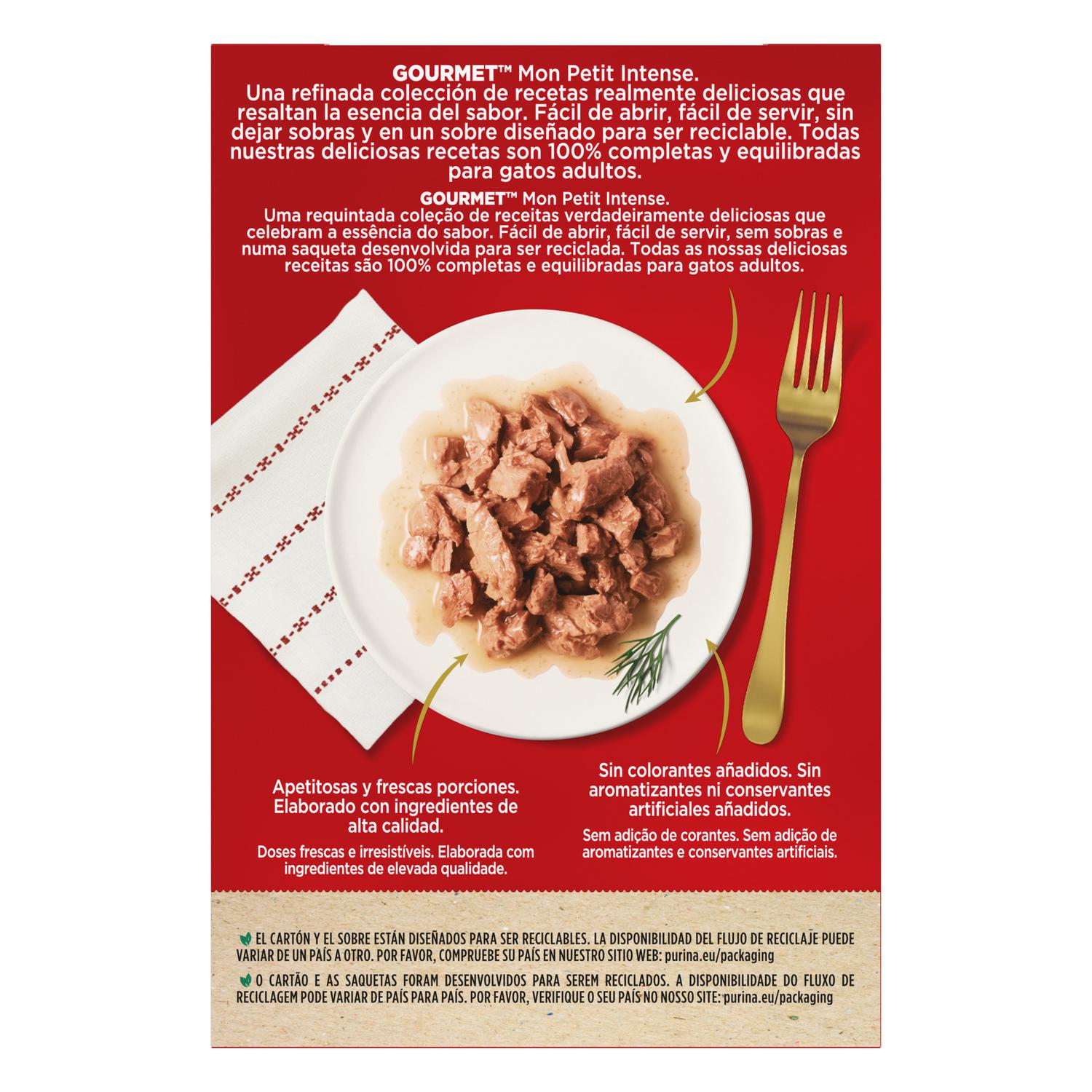 Comida húmeda de pato, pollo y pavo para gato adulto Purina Gourmet Mon Petit 6x50g.
