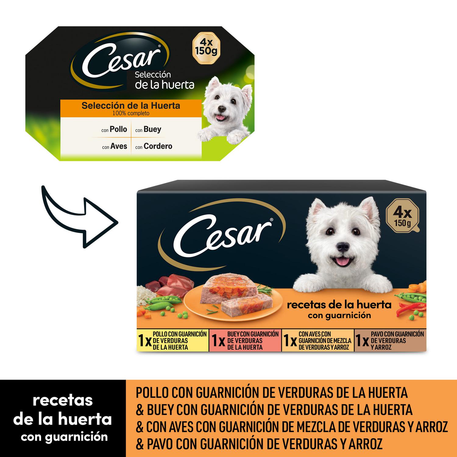 Comida húmeda selección recetas de la huerta para perro Cesar pack de 4 unidades de 150 g.