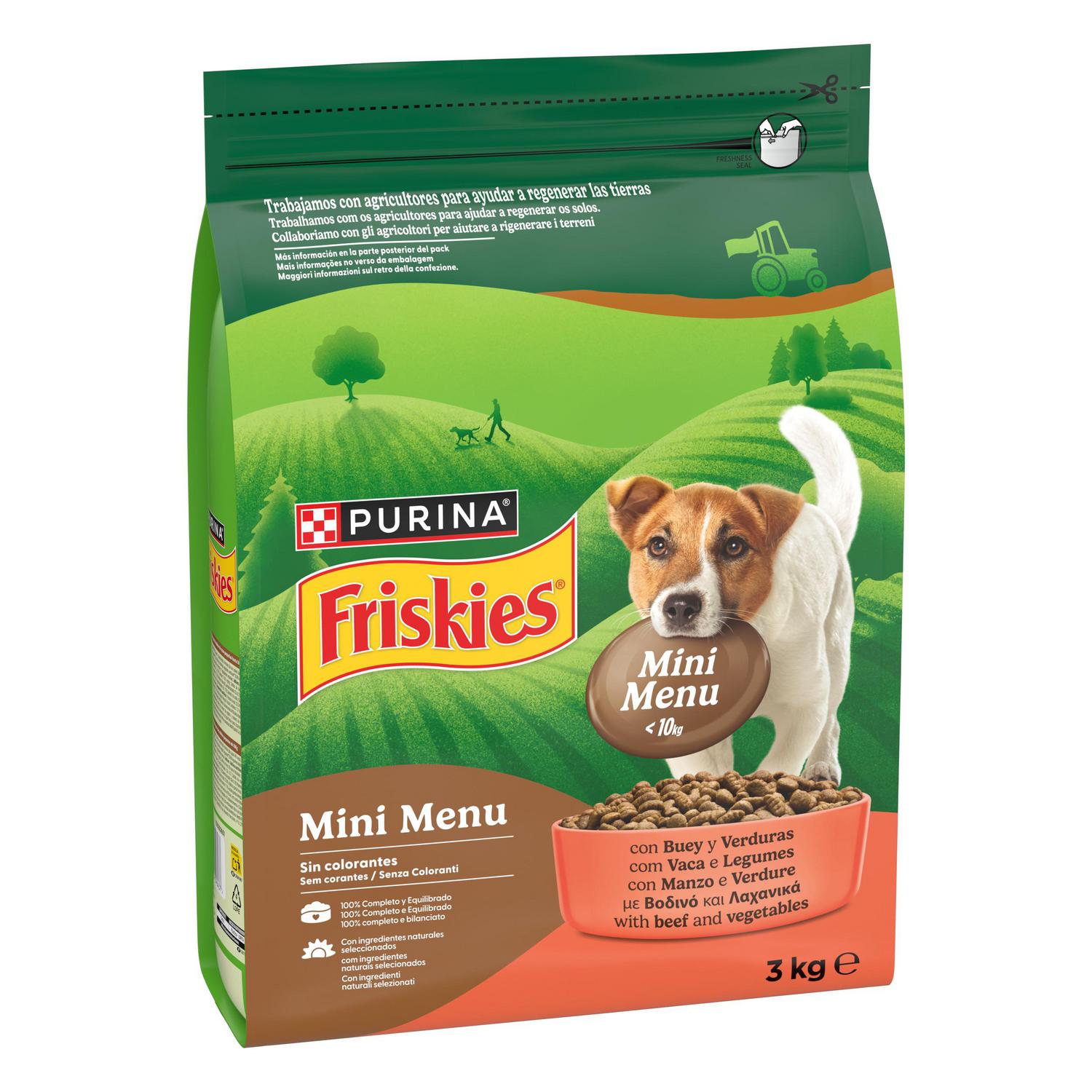 Pienso de buey para perro adulto mini Purina Friskies Menú 3 Kg.