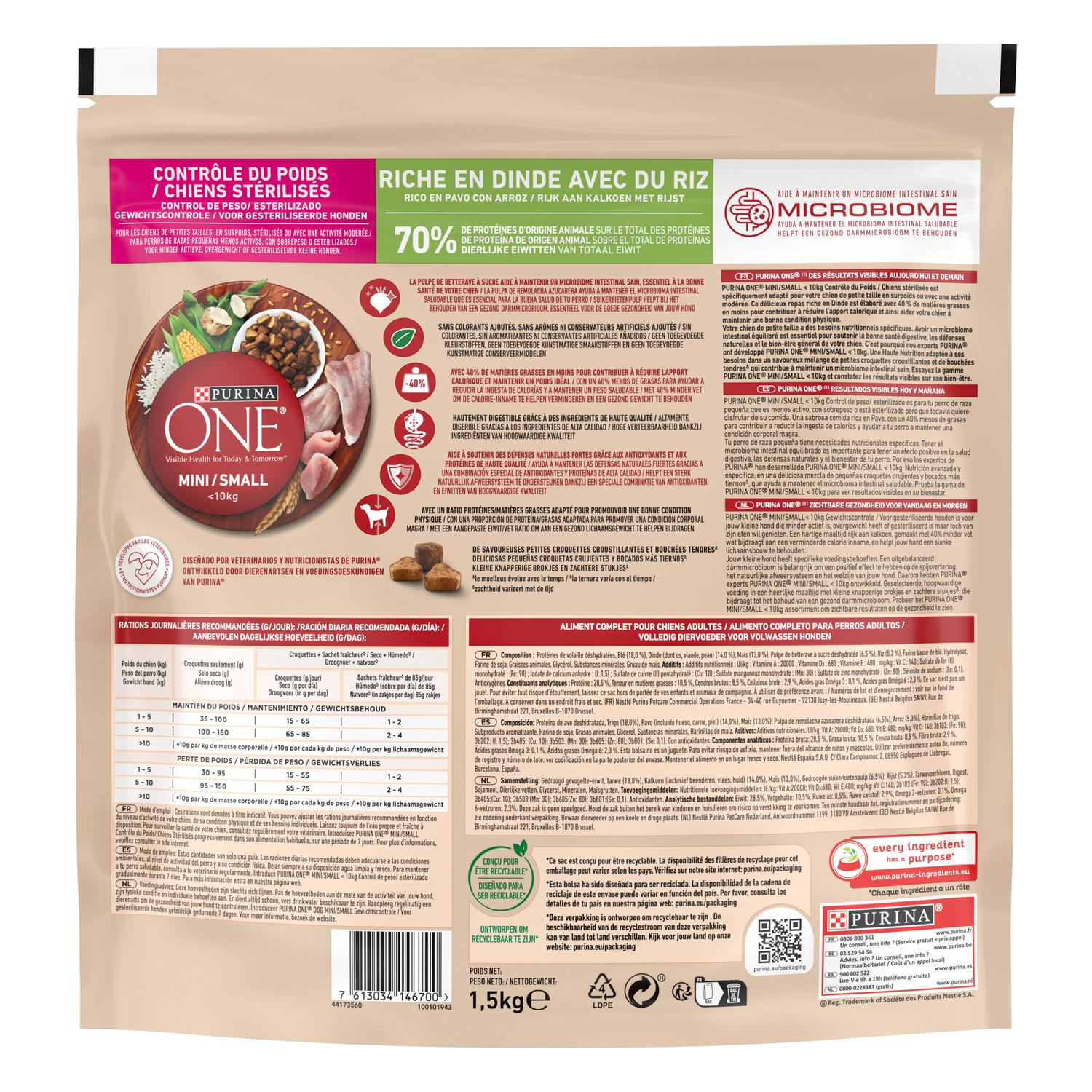 Pienso de pavo y arroz para perro mini Purina One Weigth 1,5 Kg.