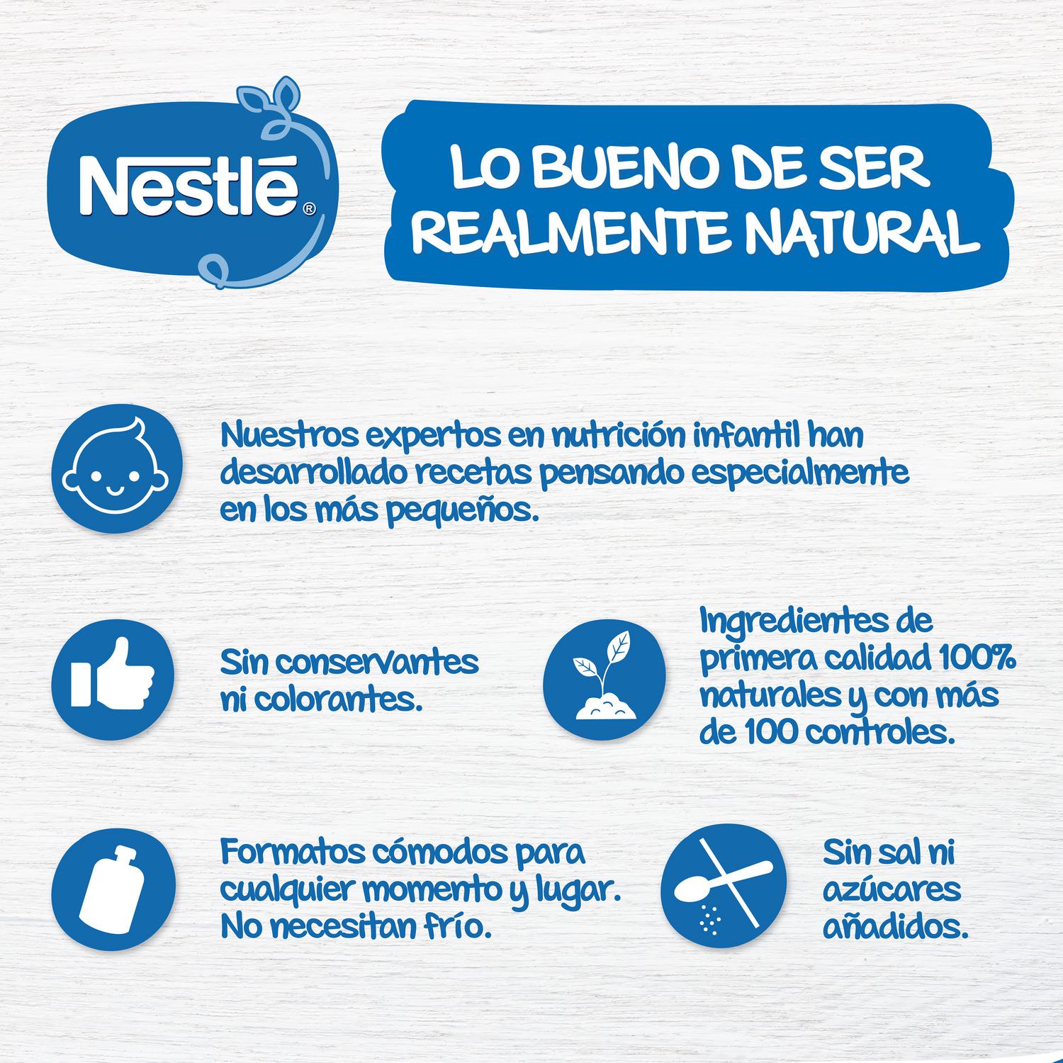 Bolsita de 4 frutas desde 4 meses Nestlé sin gluten y sin azúcar añadido 90 g.