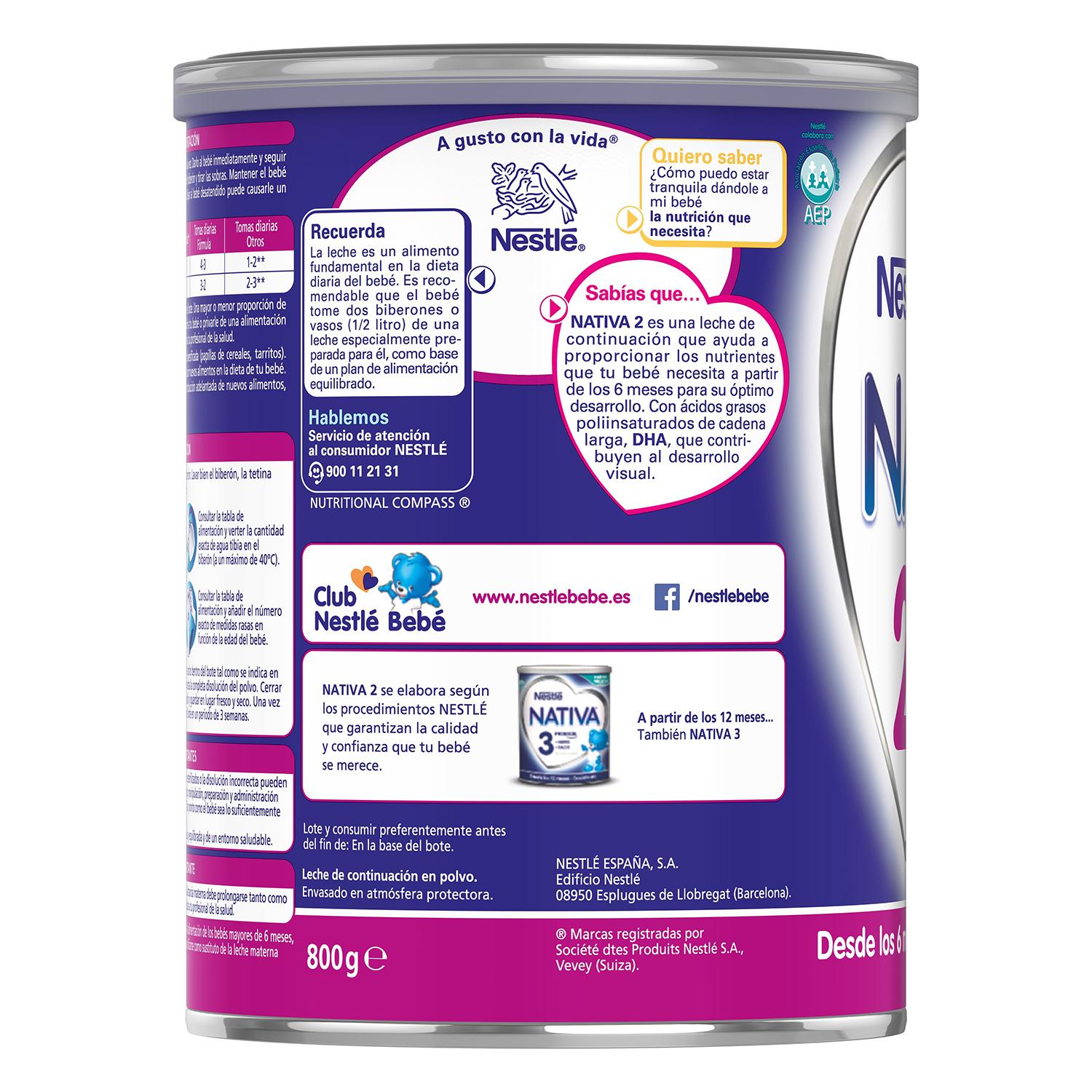 Leche infantil de continuación desde 6 meses en polvo Nestlé Nativa 2 lata 800 g.