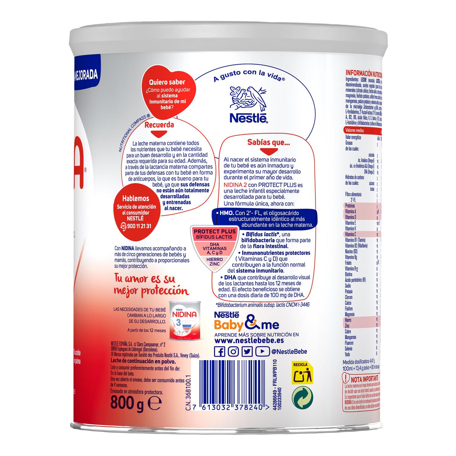Leche infantil de continuación desde los 6 meses en polvo Nestlé Nidina 2 lata 800 g.