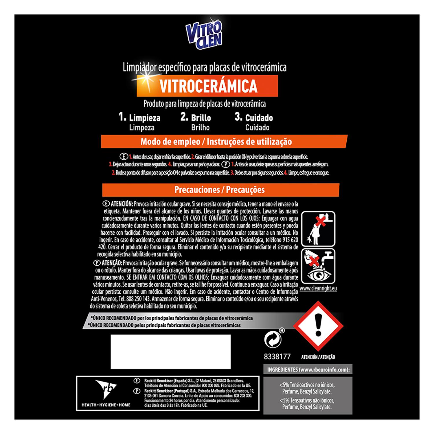 Limpiador específico para placas de vitrocerámica Vitroclen 450 ml.