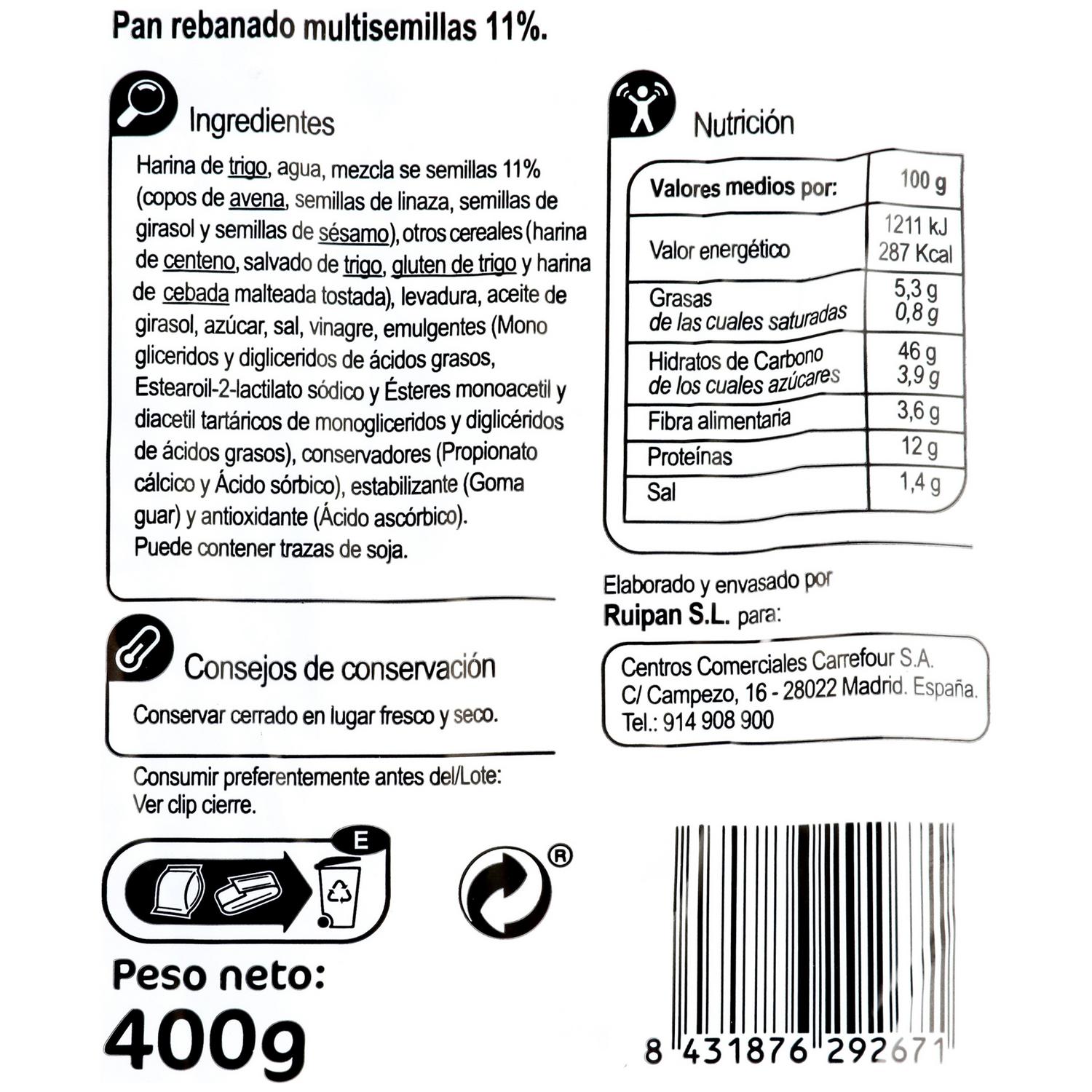 Barra de pan rústica multicereales rebanada 400 g