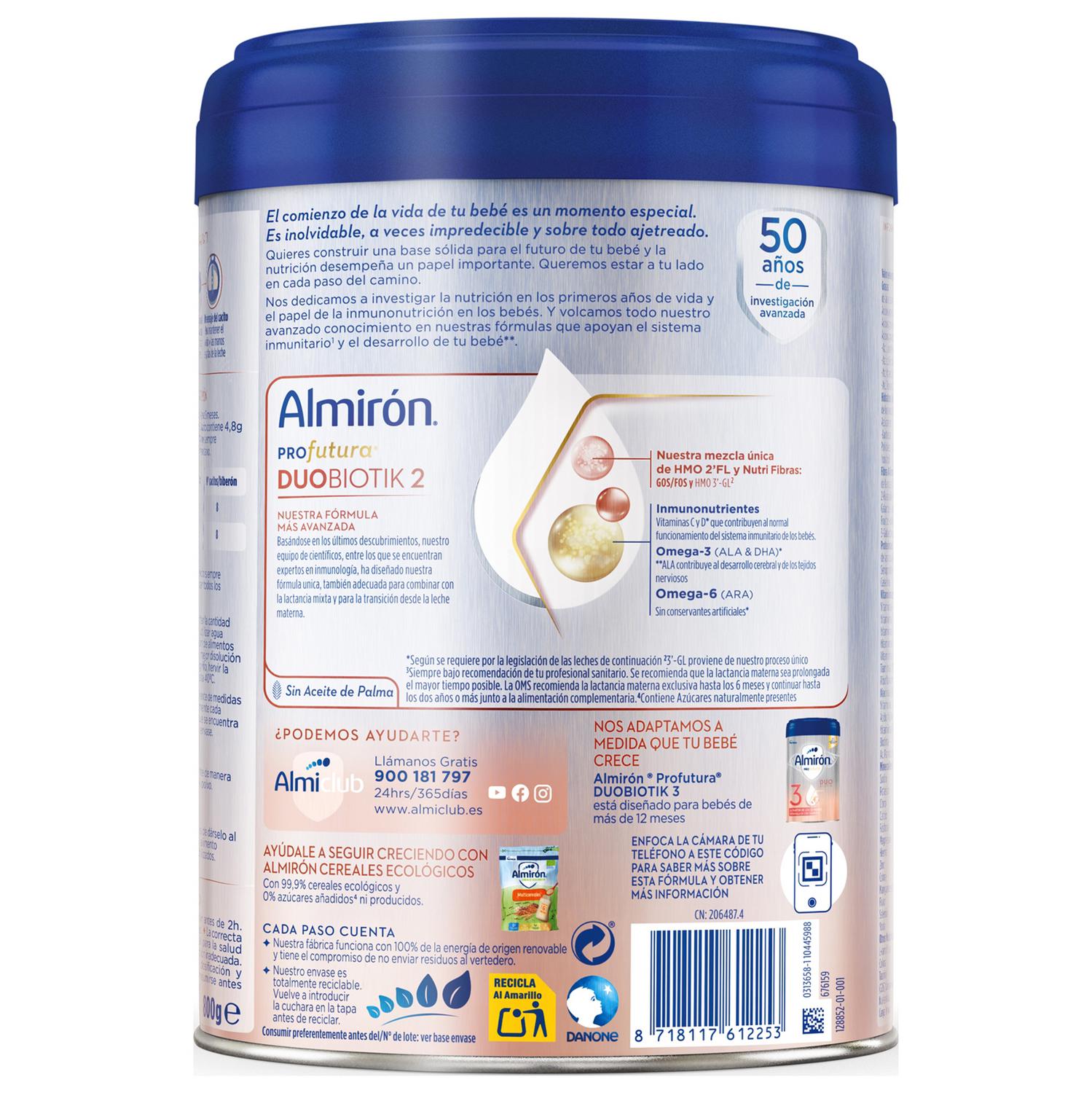 Leche infantil de continuación desde 6 meses en polvo Almirón Profutura 2 Duobiotik sin aceite de palma lata 800 g.