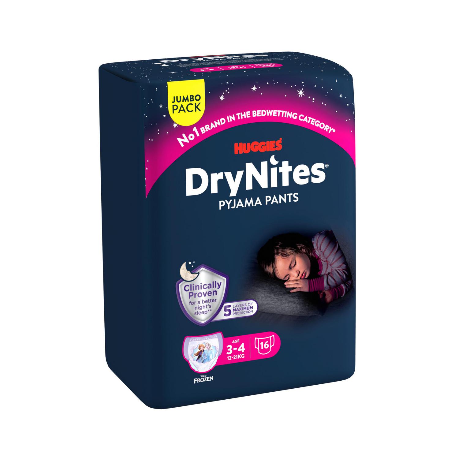 Ropa interior absorbente niña noche DryNites 3-4 años (12-21 kg.) 16 ud.
