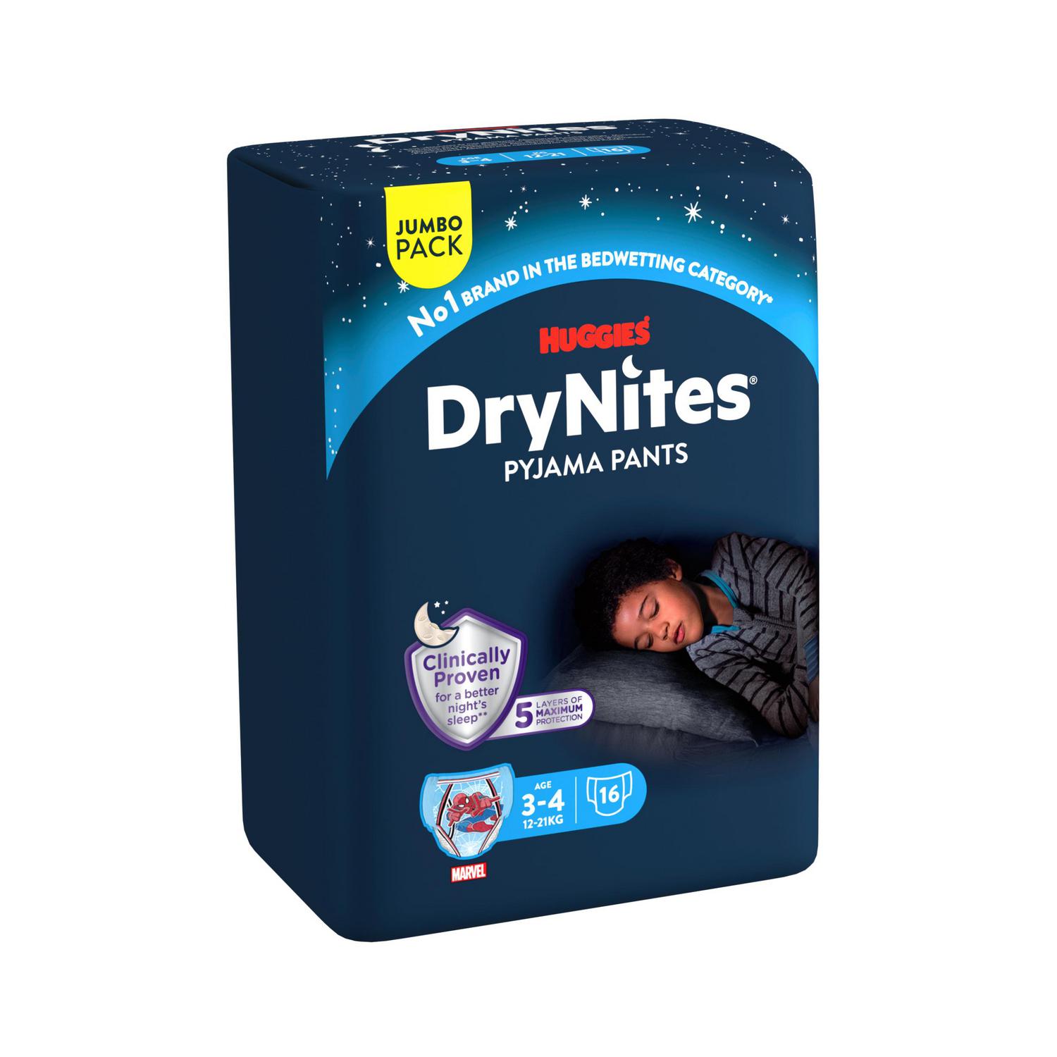 Ropa interior absorbente niño noche DryNites 3-4 años (12-21 kg.) 16 ud.