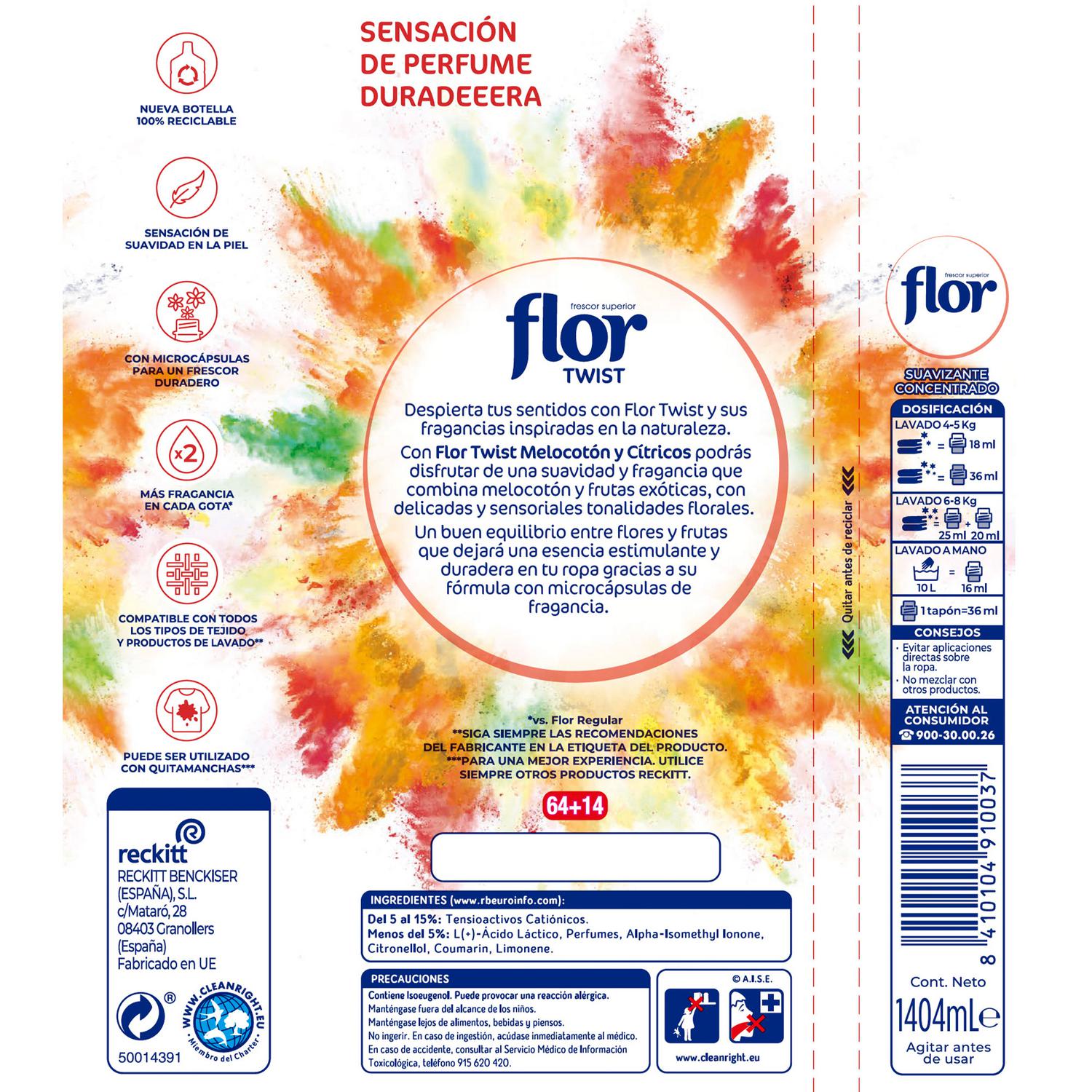 Suavizante concentrado melocotón y cítricos Flor Twist 78 lavados.