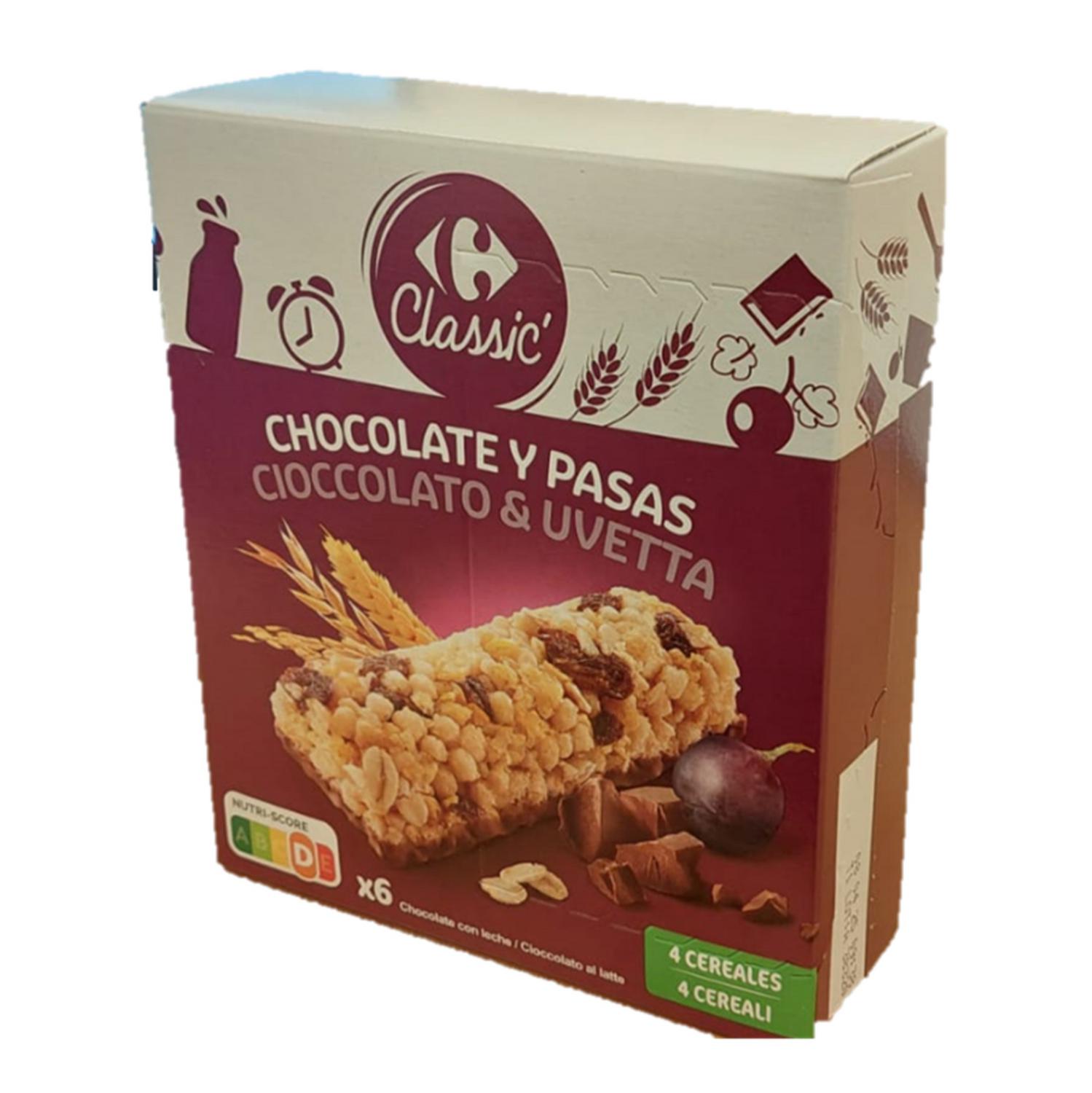 Barritas de cereales con chocolate, uvas y pasas Carrefour 6 unidades de 21 g.