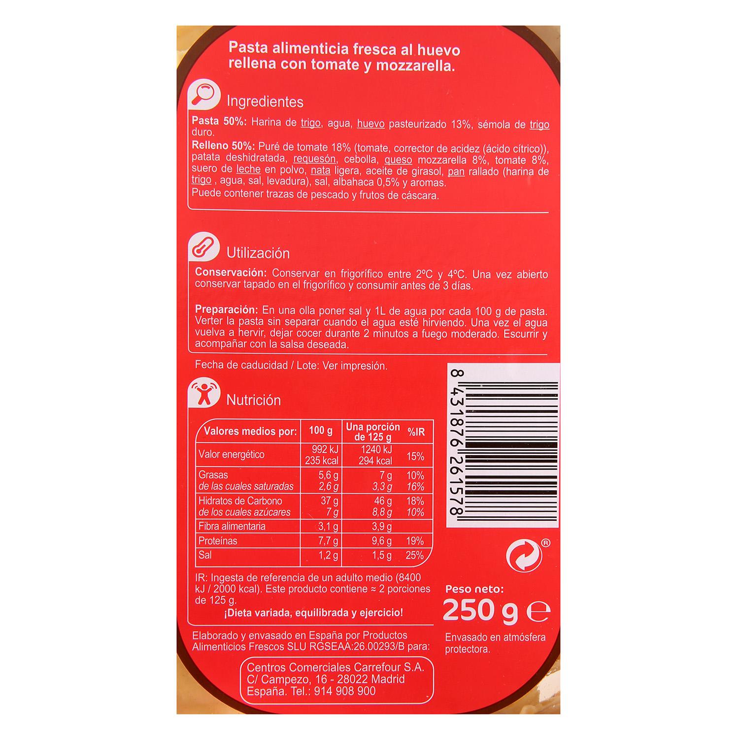 Ravioli de tomate y mozzarella al huevo Carrefour 250 g.