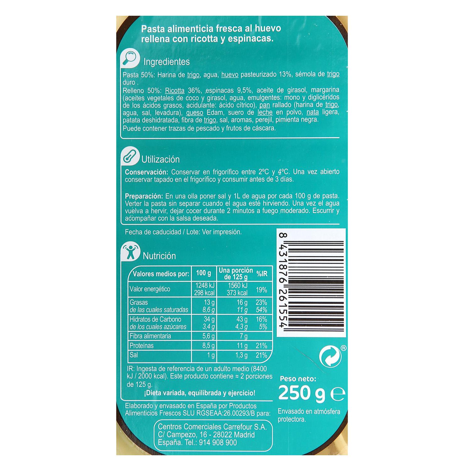 Ravioli de ricotta y espinacas al huevo Carrefour 250 g.